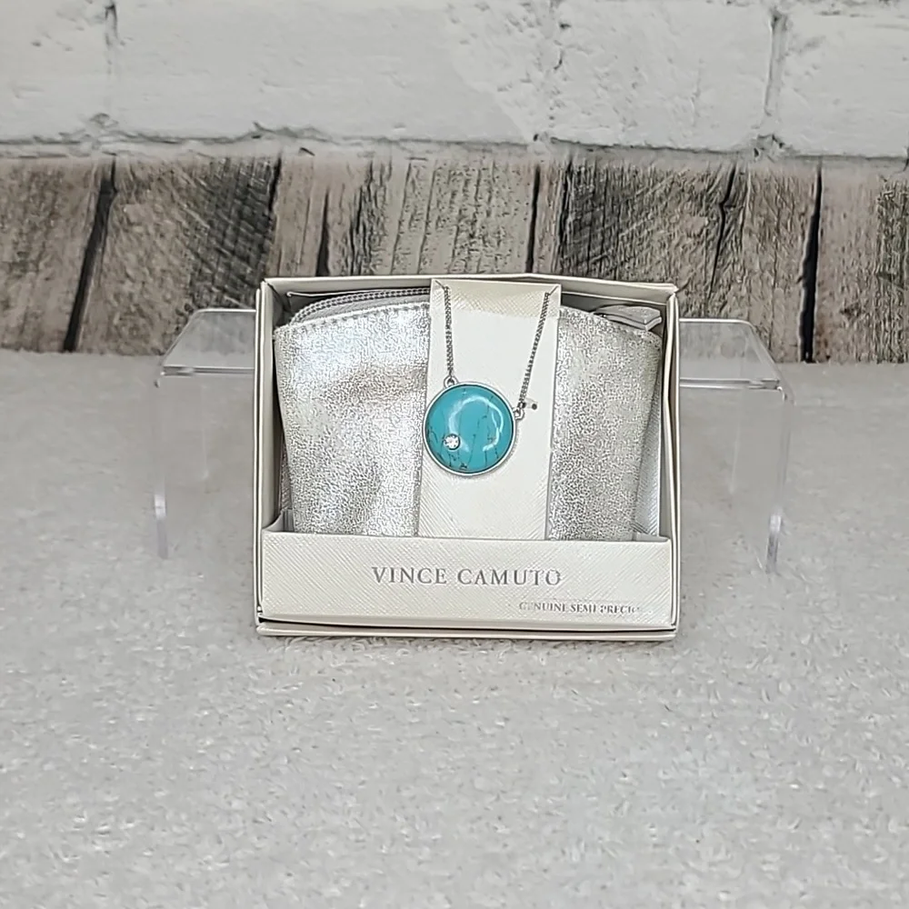 Vince Camuto Elegant Genuine Semi Precious Pendant Necklace and Travel Pouch NWT